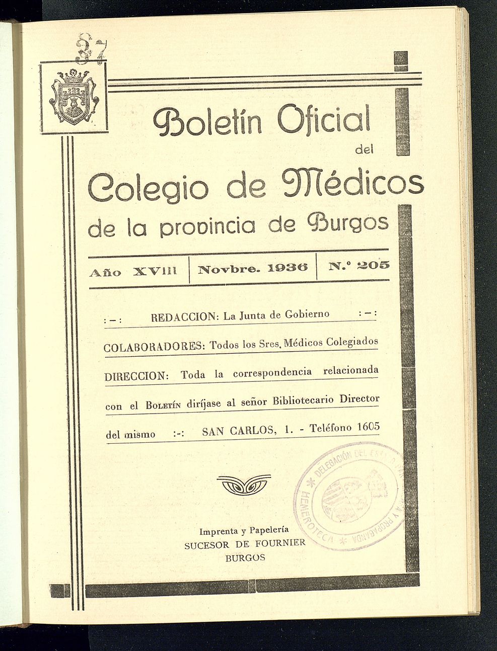 Boletín Oficial del Colegio de Médicos de la Provincia de Burgos. Noviembre de 1936, nº 205