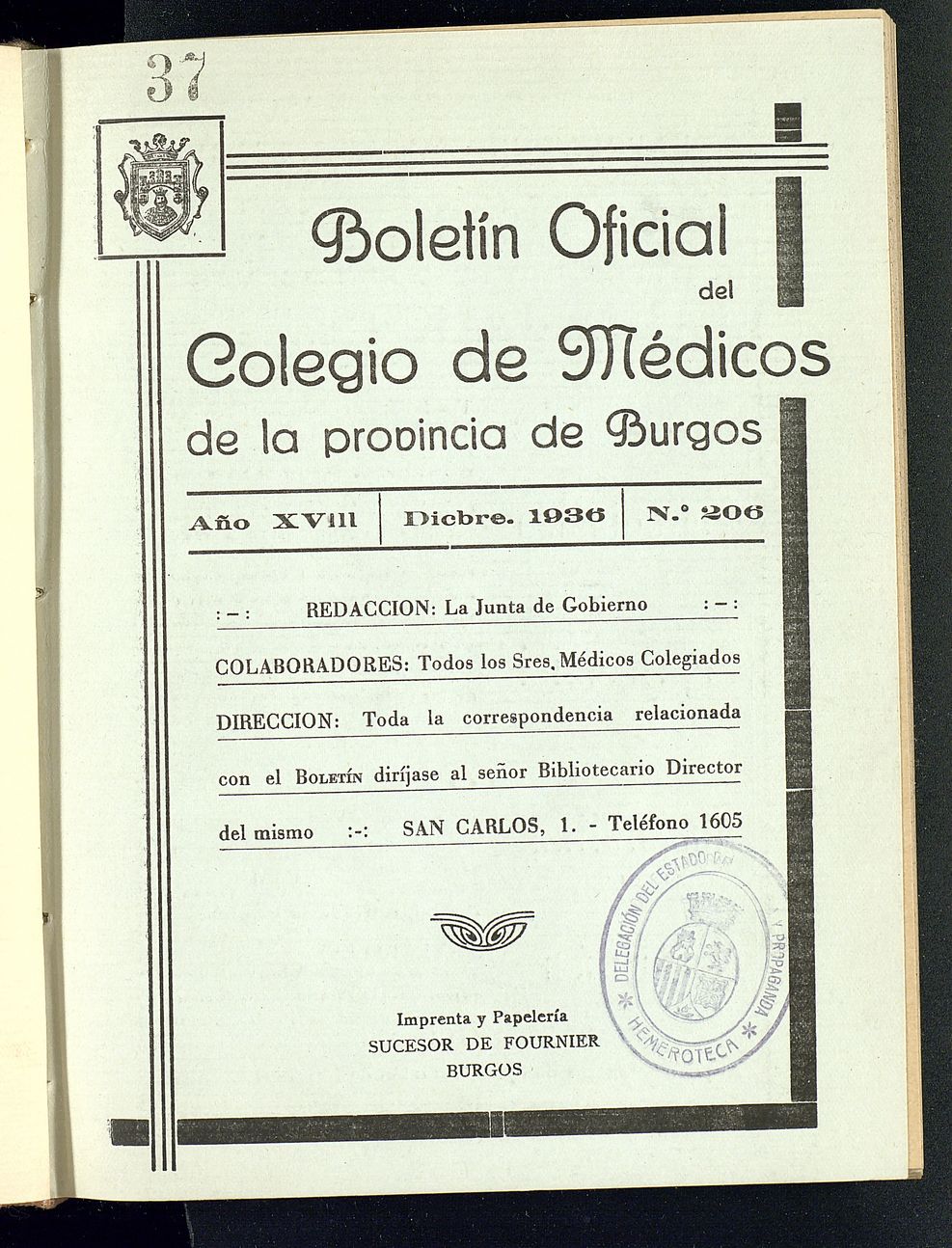 Boletín Oficial del Colegio de Médicos de la Provincia de Burgos. Diciembre de 1936, nº 206