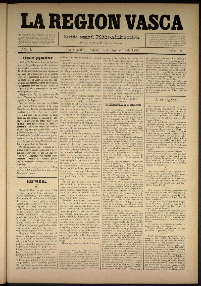 La Regin Vasca : revista semanal poltico-administrativa del 15 de septiembre de 1888. Nmero 10.