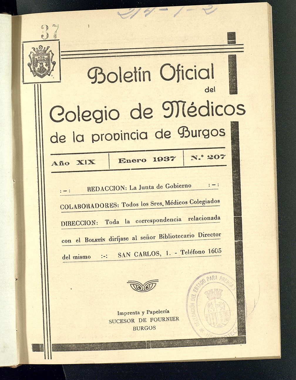 Boletín Oficial del Colegio de Médicos de la Provincia de Burgos. Enero de 1937, nº 207