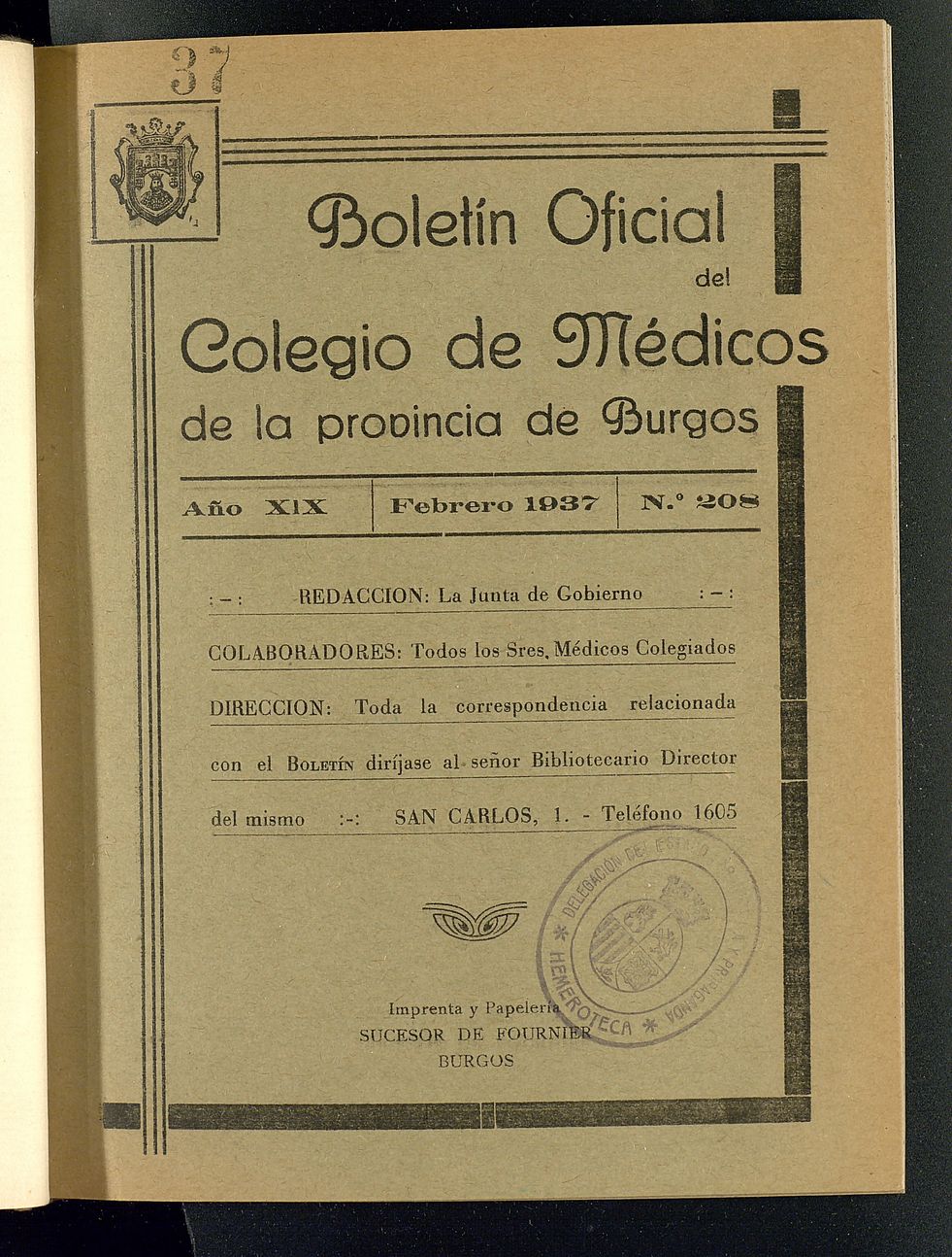Boletín Oficial del Colegio de Médicos de la Provincia de Burgos. Febrero de 1937, nº 208