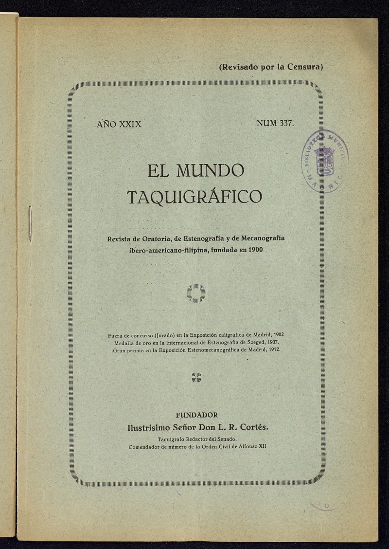 El Mundo Taquigrfico: revista mensual hispano-americana de oratoria y de estenografa. Abril de 1928, n 337