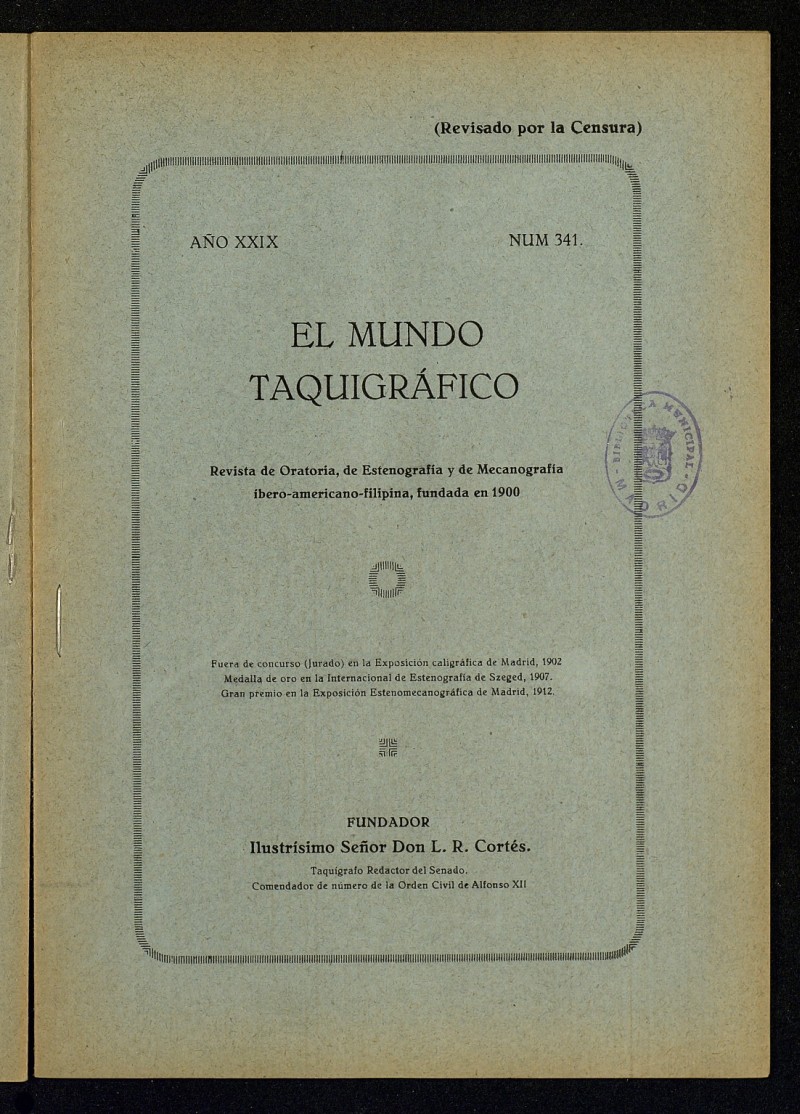 El Mundo Taquigrfico: revista mensual hispano-americana de oratoria y de estenografa. Agosto de 1928, n 341