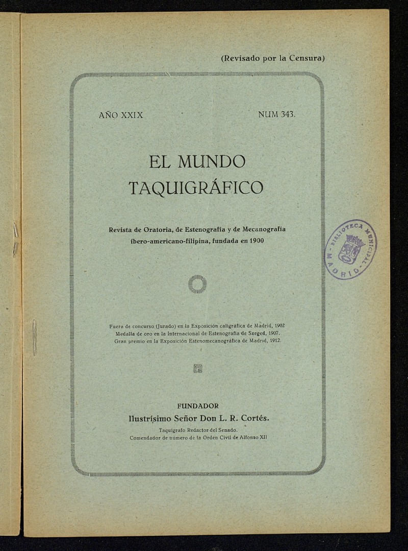 El Mundo Taquigrfico: revista mensual hispano-americana de oratoria y de estenografa. Octubre de 1928, n 343