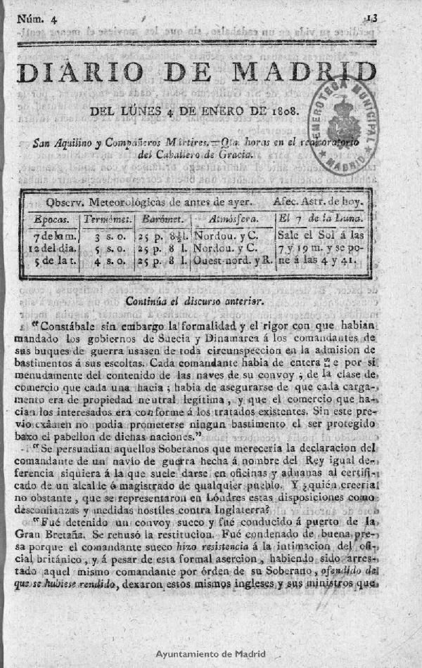 Diario de Madrid del lunes 4 de Enero de 1808