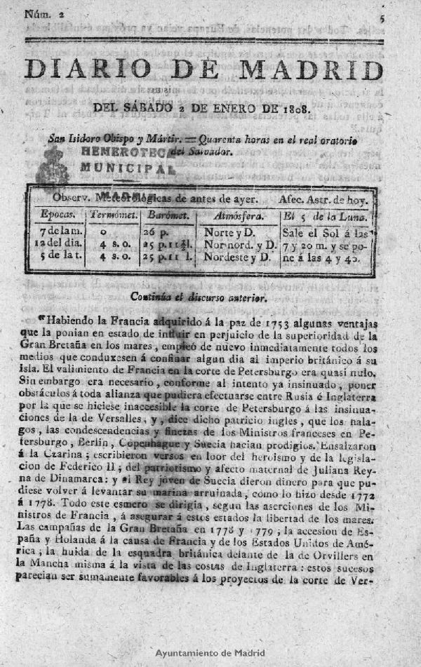 Diario de Madrid del sábado 2 de Enero de 1808