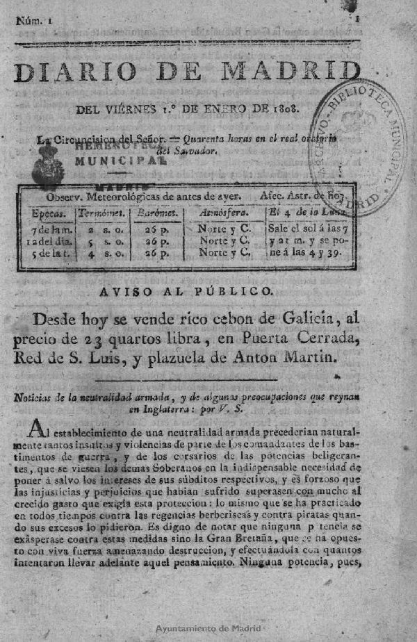 Diario de Madrid del viernes 1 de Enero de 1808