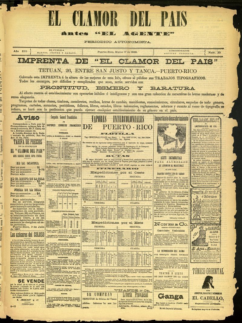 El Clamor del País de 17 de marzo de 1888, nº 33