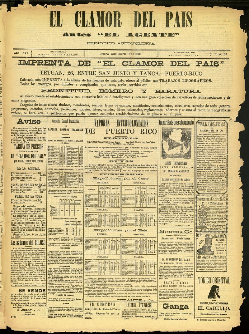 El Clamor del Pas de 17 de marzo de 1888, n 33