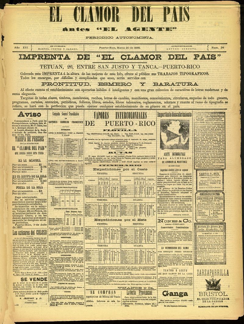 El Clamor del País del 20 de marzo de 1888, nº 34