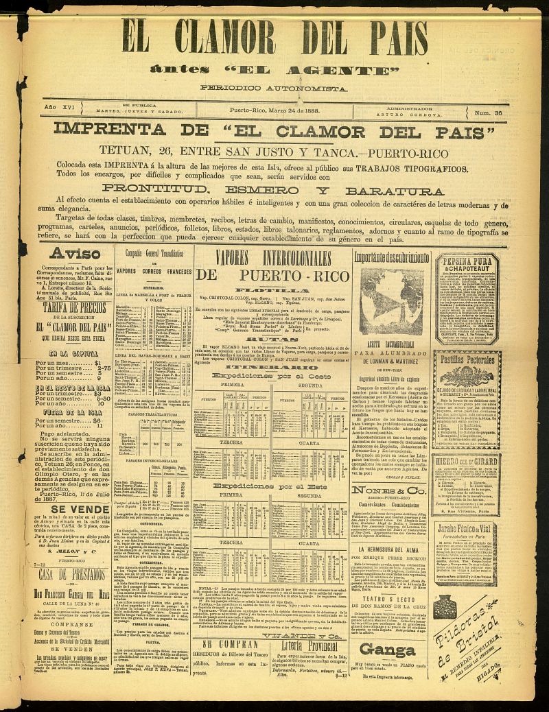 El Clamor del País del 24 de marzo de 1888, nº 36