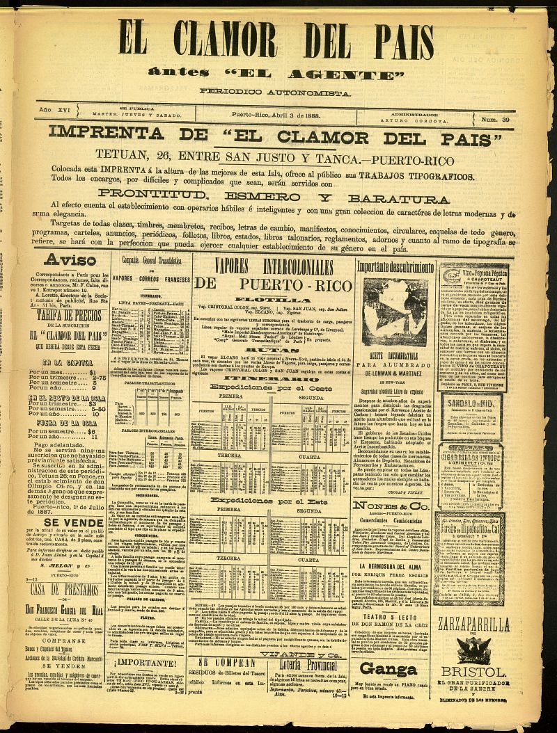 El Clamor del País del 3 de abril de 1888, nº 39