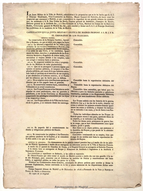 Edicto de los comisionados designados por la Junta Militar de Madrid publicando las condiciones acordadas con el Príncipe de Neuchatel para la capitulación de la villa. 4 de diciembre de 1808.