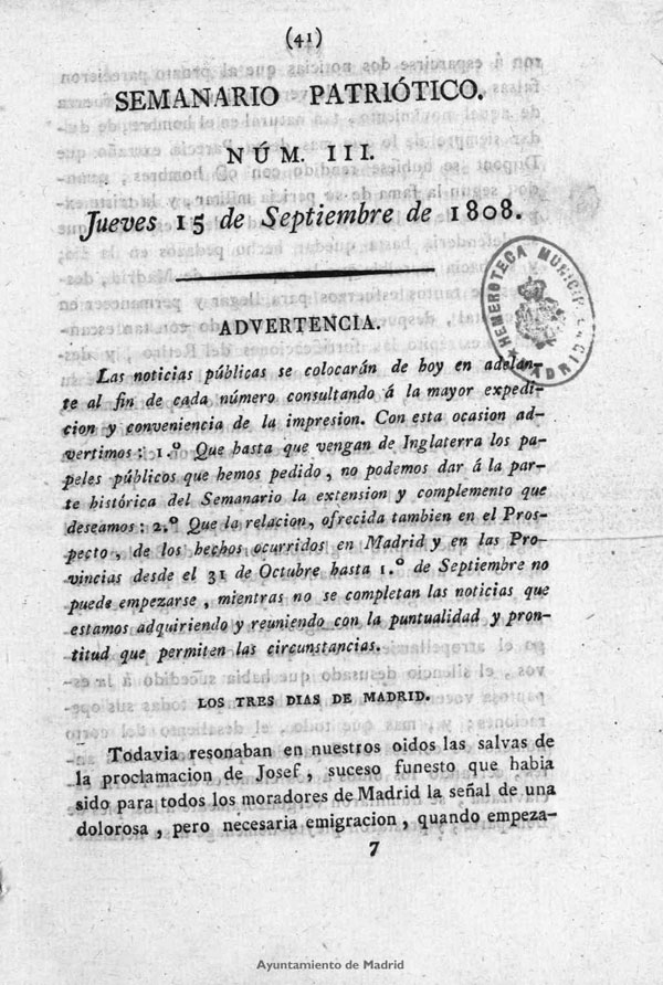 Semanario Patritico. Num III. Jueves 15 de Septiembre de 1808