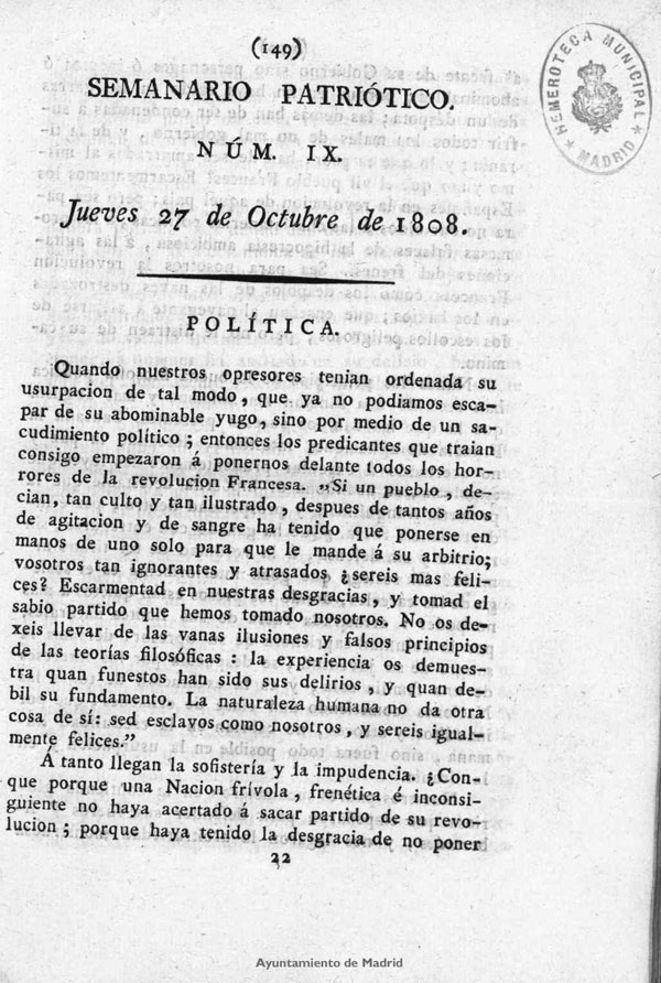 Semanario Patritico. Num IX. Jueves 27 de Octubre de 1808