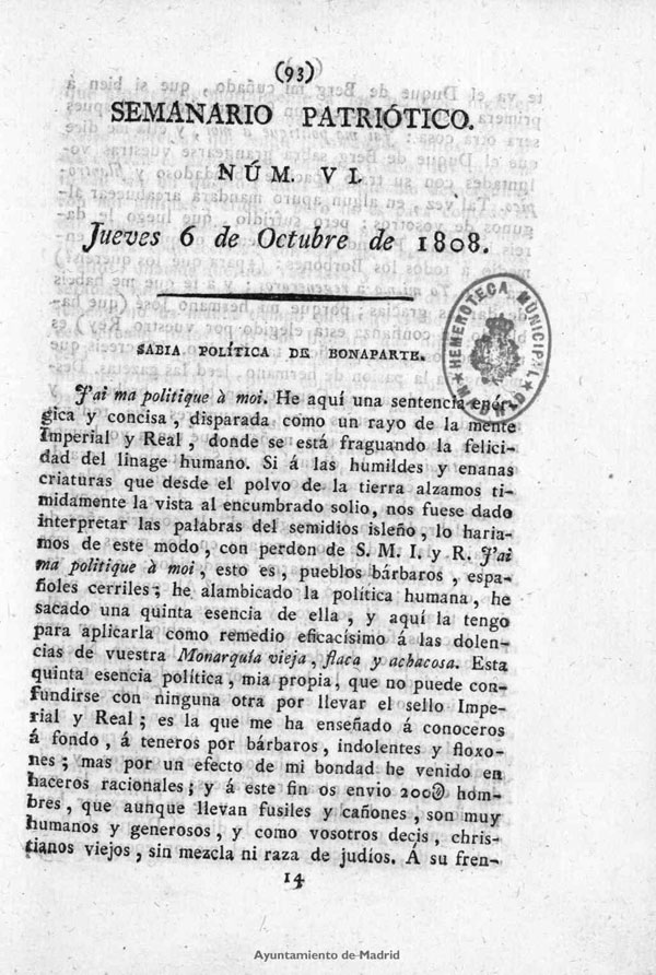 Semanario Patritico. Num VI. Jueves 6 de Octubre de 1808