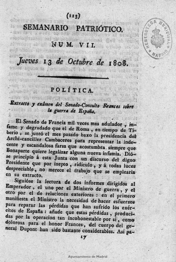 Semanario Patritico. Num VII. Jueves 13 de Octubre de 1808