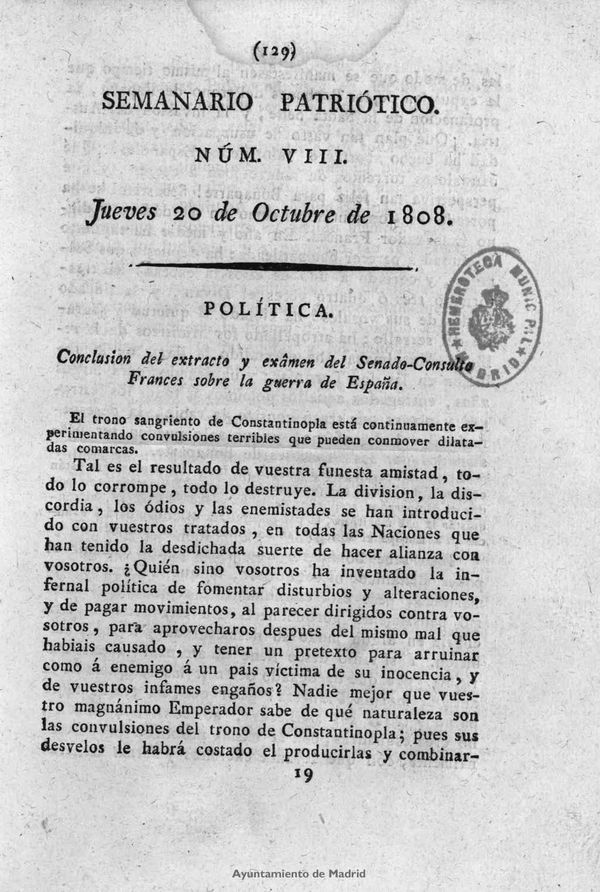 Semanario Patritico. Num VIII. Jueves 20 de Octubre de 1808