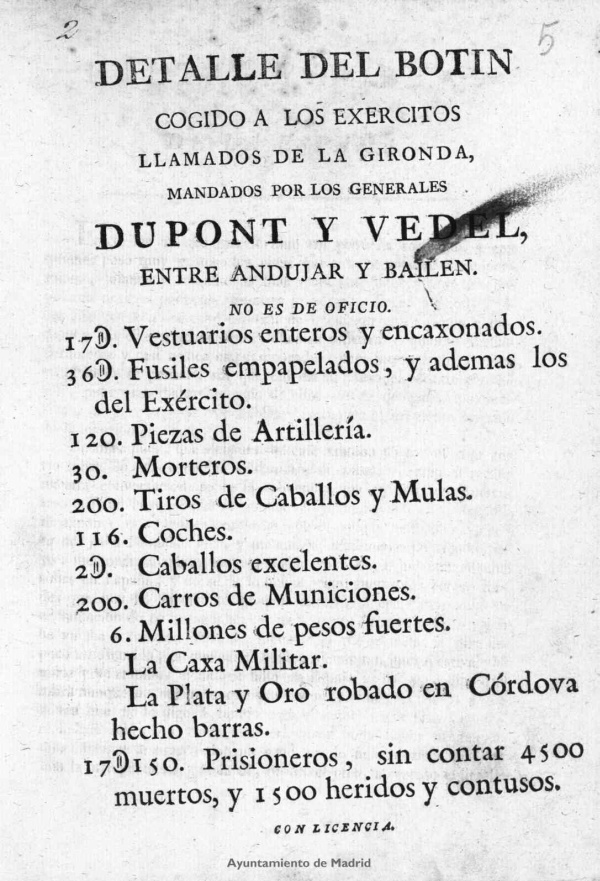 Detalle del botin cogido a los exercitos llamados de la Gironda, mandados por los generales Dupont y Vedel, entre Andujar y Bailen