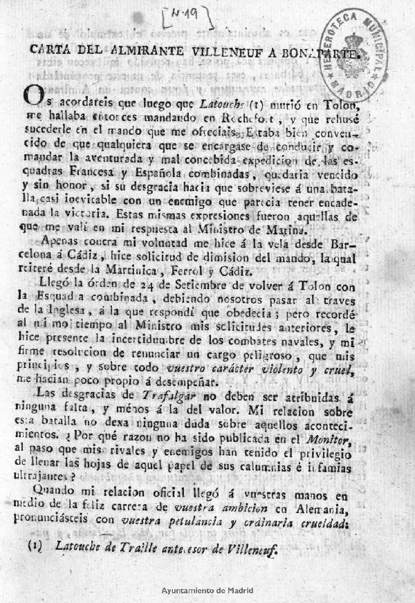 Carta del Almirante Villeneuf a Bonaparte