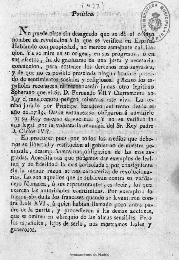 Poltica: no puede oirse sin desagrado que se d el odioso nombre de revolucion  la que se verifica en Espaa...