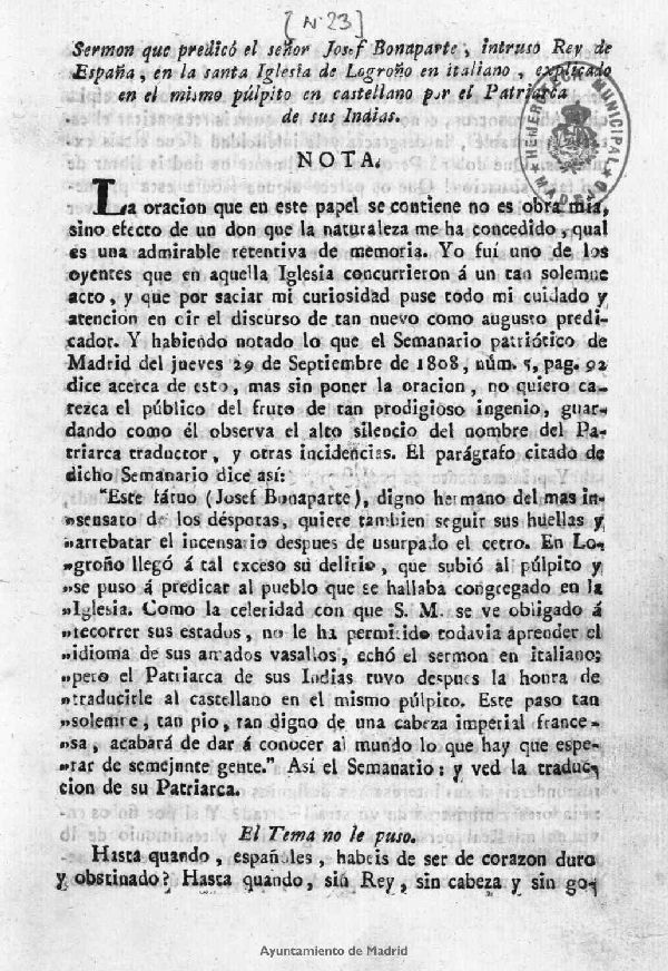 Sermn que predic el seor Josef Bonaparte, intruso Rey de Espaa en la santa Iglesia de Logroo en italiano, explicado en el mismo plpito en castellano por el Patriarca de sus Indias