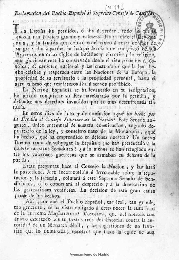 Reclamacin del Pueblo Espaol al Supremo Consejo de Castilla