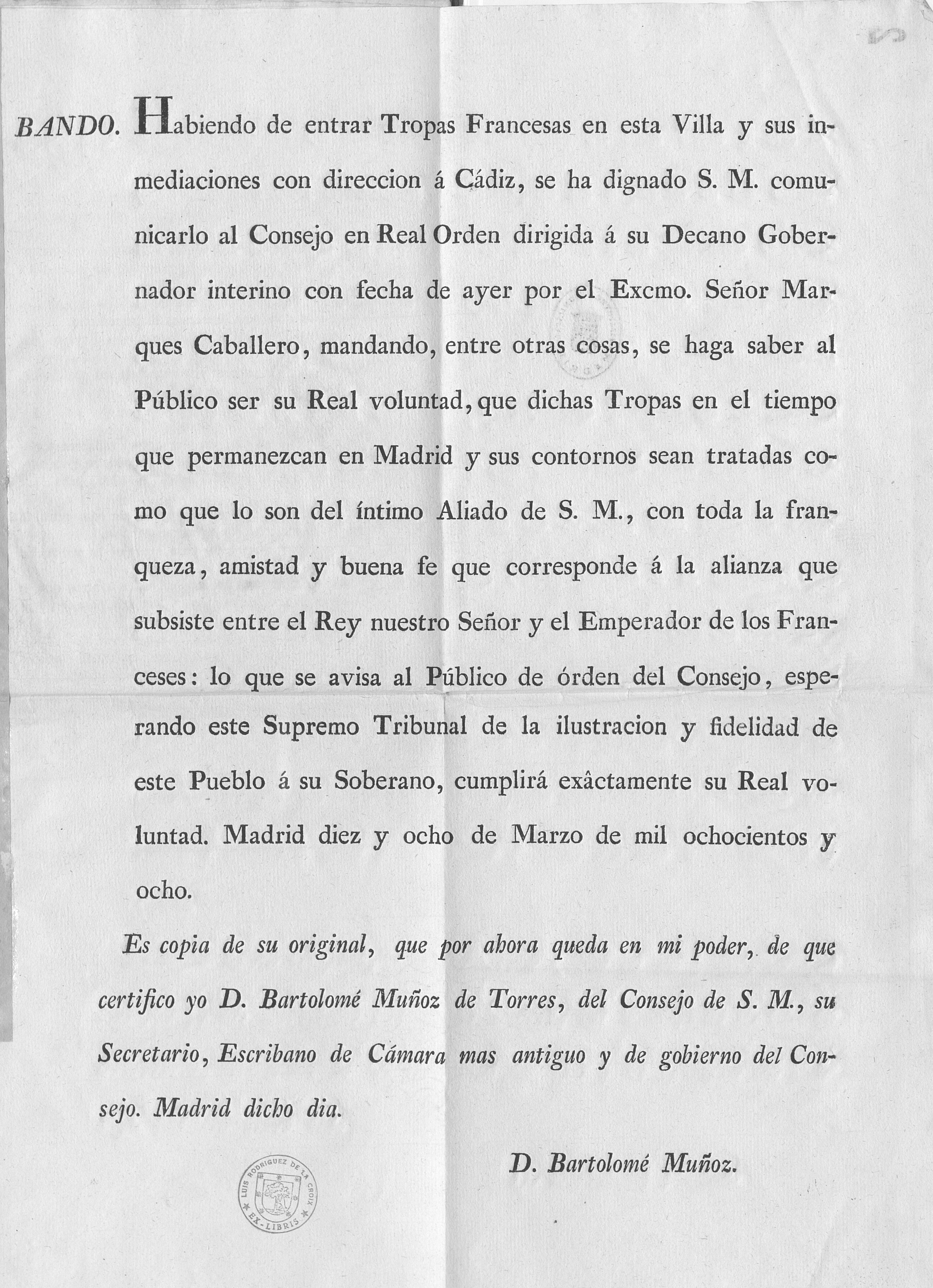 Bando. Habiendo de entrar Tropas Francesas en esta Villa y sus inmediaciones con dirección a Cádiz [...]