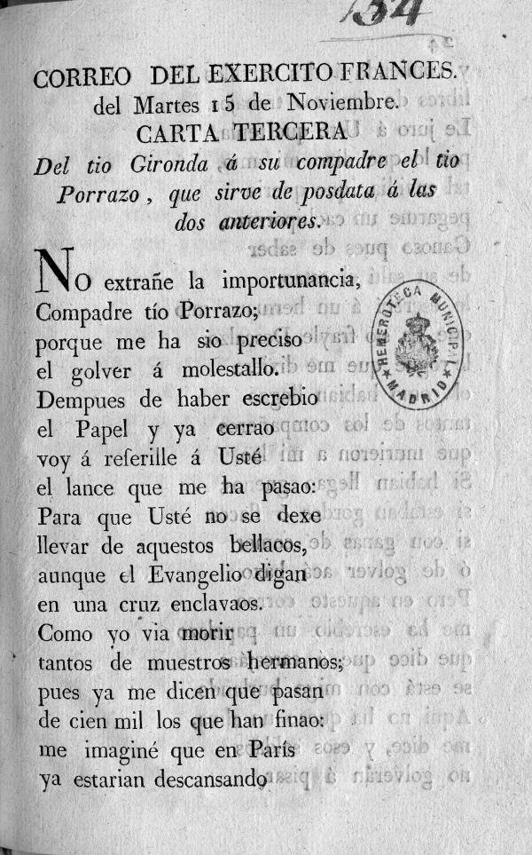 Correo del Exrcito Francs del martes 15 de Noviembre. Carta Tercera del to Gironda a su compradre el to Porrazo, que sirve de posdata a las dos anteriores