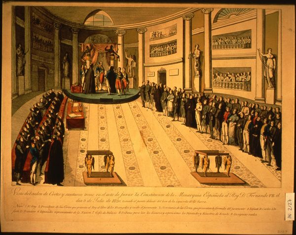 Vista del salón de Cortes suntuoso trono en el acto de jurar la Constitucion de la Monarquia Española el Rey D. Fernando VII