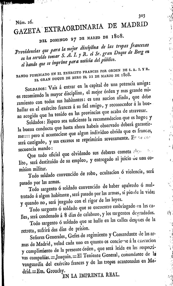 Gazeta de Madrid del domingo 27 de marzo de 1808 (Gaceta Extraordinaria)
