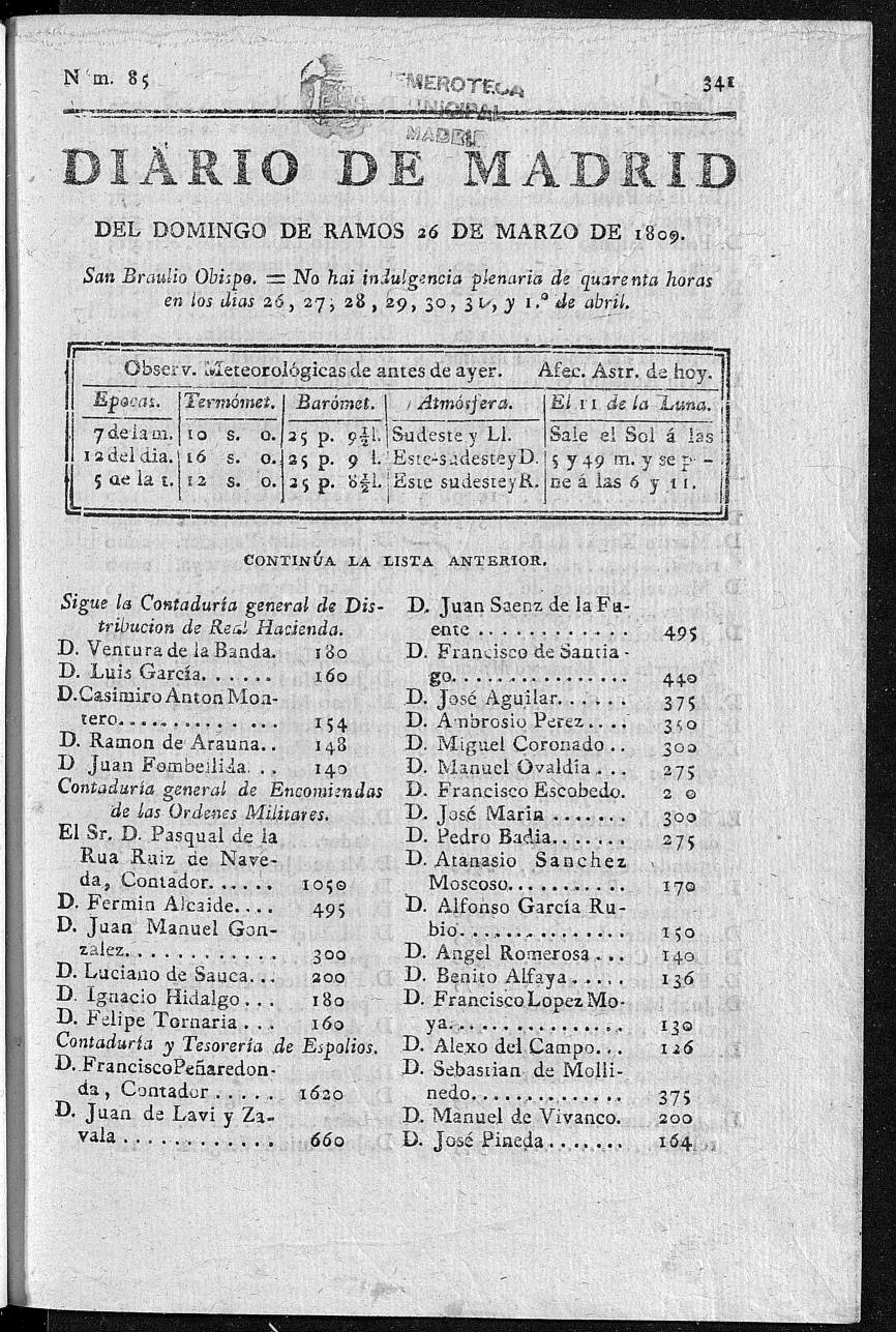Diario de Madrid del domingo 26 de Marzo de 1809

