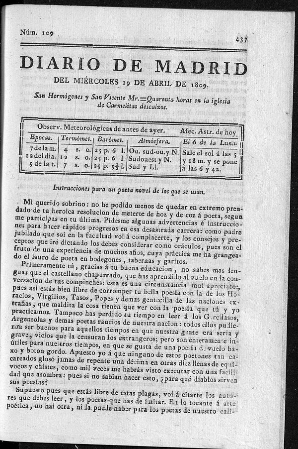 Diario de Madrid del mircoles 19 de Abril de 1809

