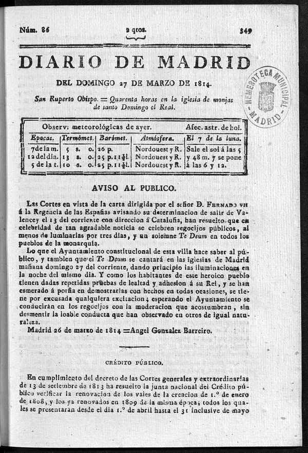 Diario de Madrid del domingo 27 de Marzo de 1814

