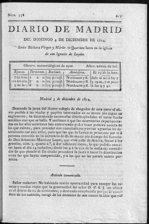 Diario de Madrid del domingo 4 de Diciembre de 1814
