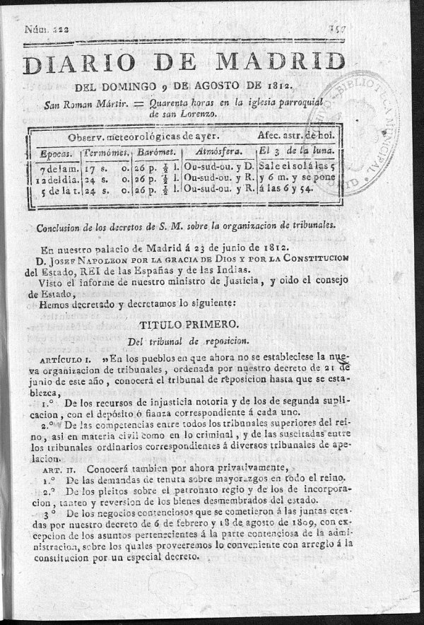 Diario de Madrid del domingo 9 de Agosto de 1812