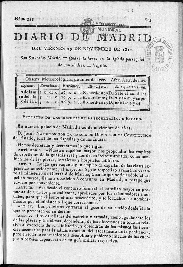 Diario de Madrid del viernes 29 de Noviembre de 1811