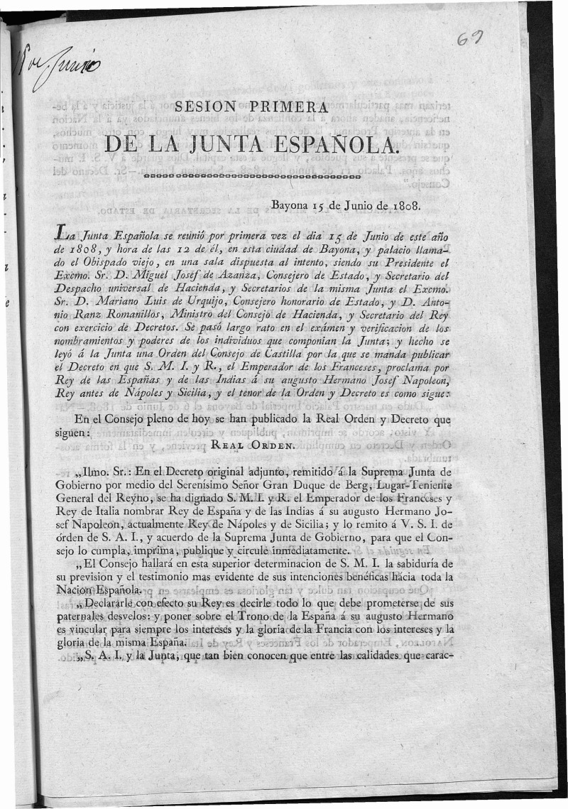 Sesión primera de la Junta Española : Bayona, 15 de Junio de ... 1808 ...