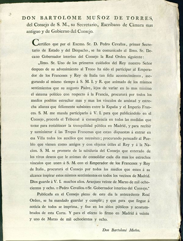 Comunicación pública de la Real Orden en la que Fernando VII afirma su deseo de estrechar lazos de amistad con Francia