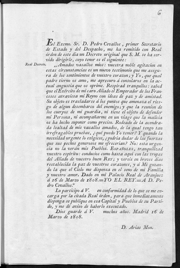 Traslado del Real Decreto de Aranjuez de 16 de marzo de 1808 en el que Carlos IV tranquiliza a los españoles ante la venida del ejército francés