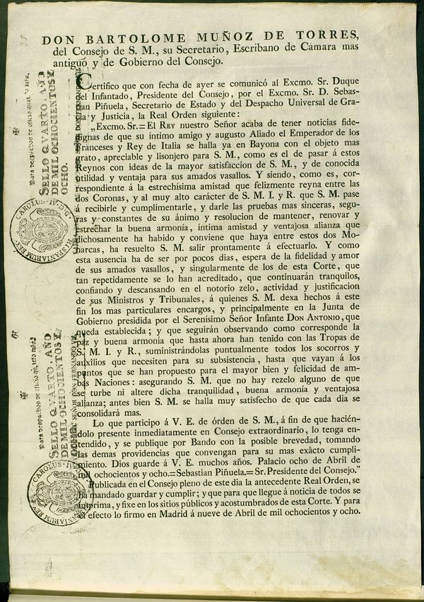 Bando anunciando la partida de Carlos IV hacia Bayona y la creación de la Junta de Gobierno presidida por el Infante D. Antonio