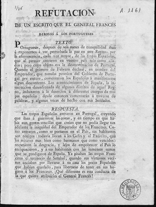 Refutacin de un escrito que el general francs dirigi  los portugueses