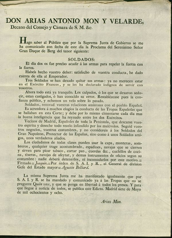 Edicto de la Junta Suprema con copia de la proclama del duque de Berg a los soldados franceses y al pueblo español para instaurar de nuevo la confianza y la tranquilidad, dando orden de soltar a los presos