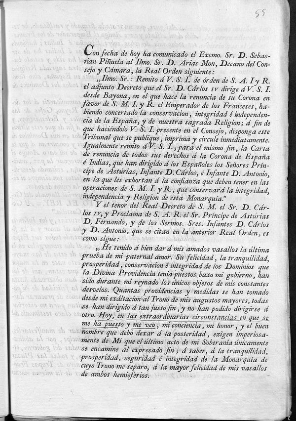 Comunicacin del decreto firmado por el rey Carlos IV en Bayona renunciando a la corona en favor de Napolen