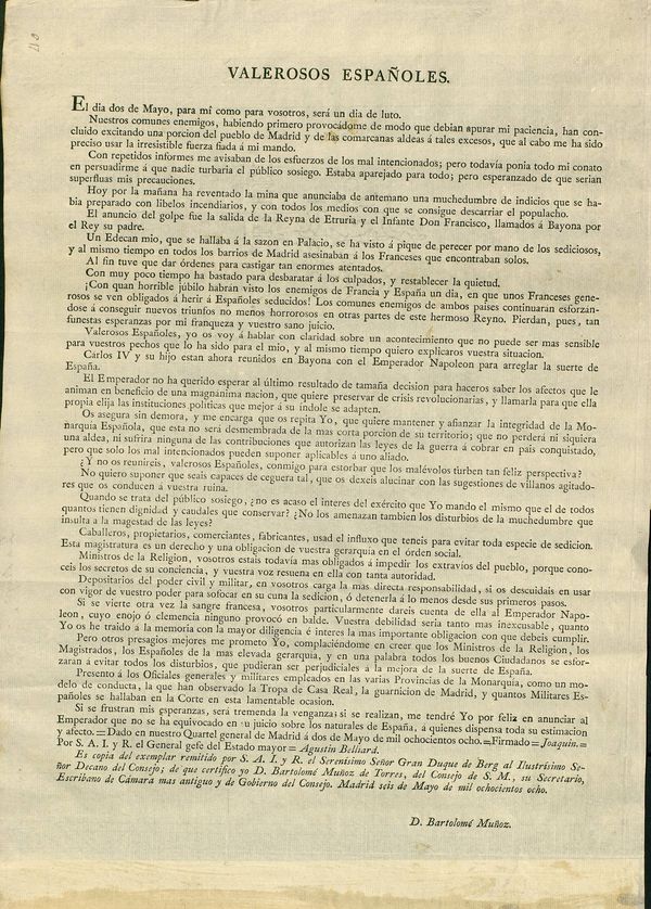 Proclama y copia del comunicado del Duque de Berg (Murat) al Decano del Consejo instando a los españoles a la calma tras los desastres del dos de mayo