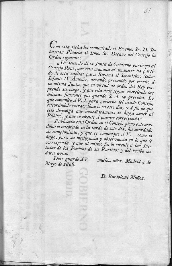 Comunicación de una Orden del Consejo anunciando la partida del infante D. Antonio a Bayona