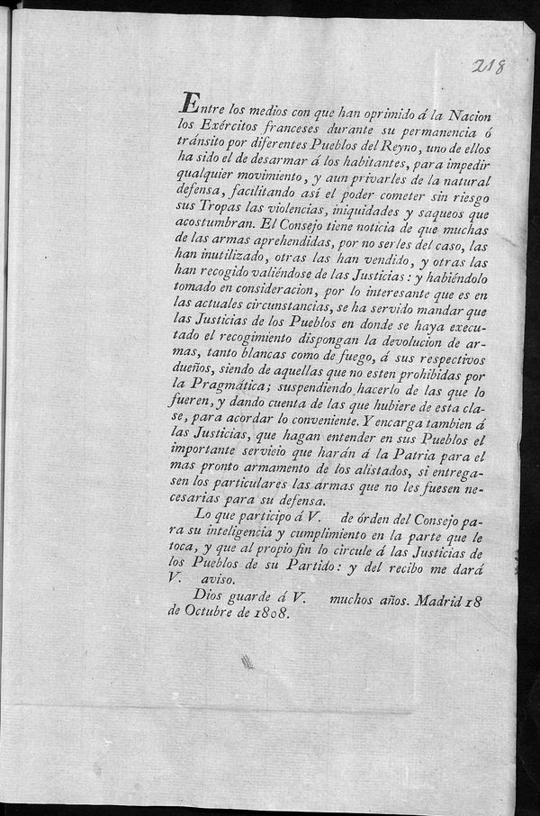 Traslado de la Orden del Consejo para que se devuelvan las armas requisadas por los franceses a sus dueños.
