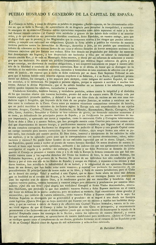 Proclama del Consejo al pueblo de Madrid para evitar desordenes ante la marcha de las tropas francesas y dando cuenta de las rpidas victorias del ejercito espaol.