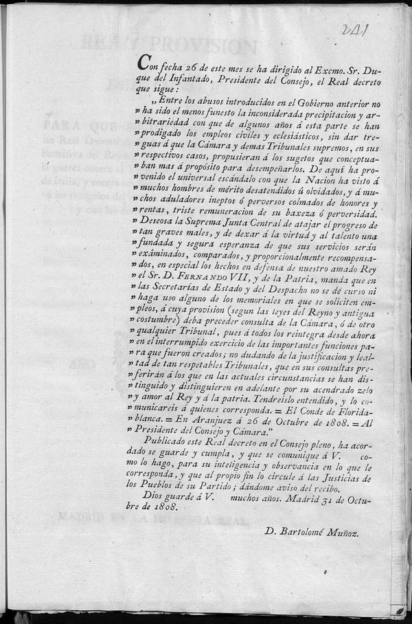 Remisión al Consejo del Real Decreto de la Junta (26 de octubre de 1808) en el que se insta a no dar empleos sin proceder a la consulta de la Cámara o Tribunales.