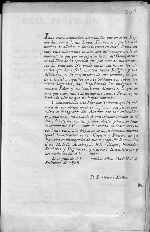 Oficio de Consejo para que se realicen actos religiosos de desagravio en los pueblos debido a las profanaciones de las tropas francesas
de septiembre de 1808.